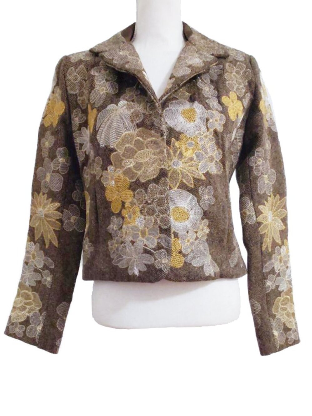 Johnny Was Biya Wool Blend Structured Jacket with Metallic Floral Embroidery